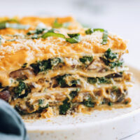 Close up shot of a slice of gluten-free butternut squash lasagna