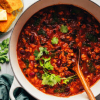 Overheat shot of a pot of pumpkin turkey chili