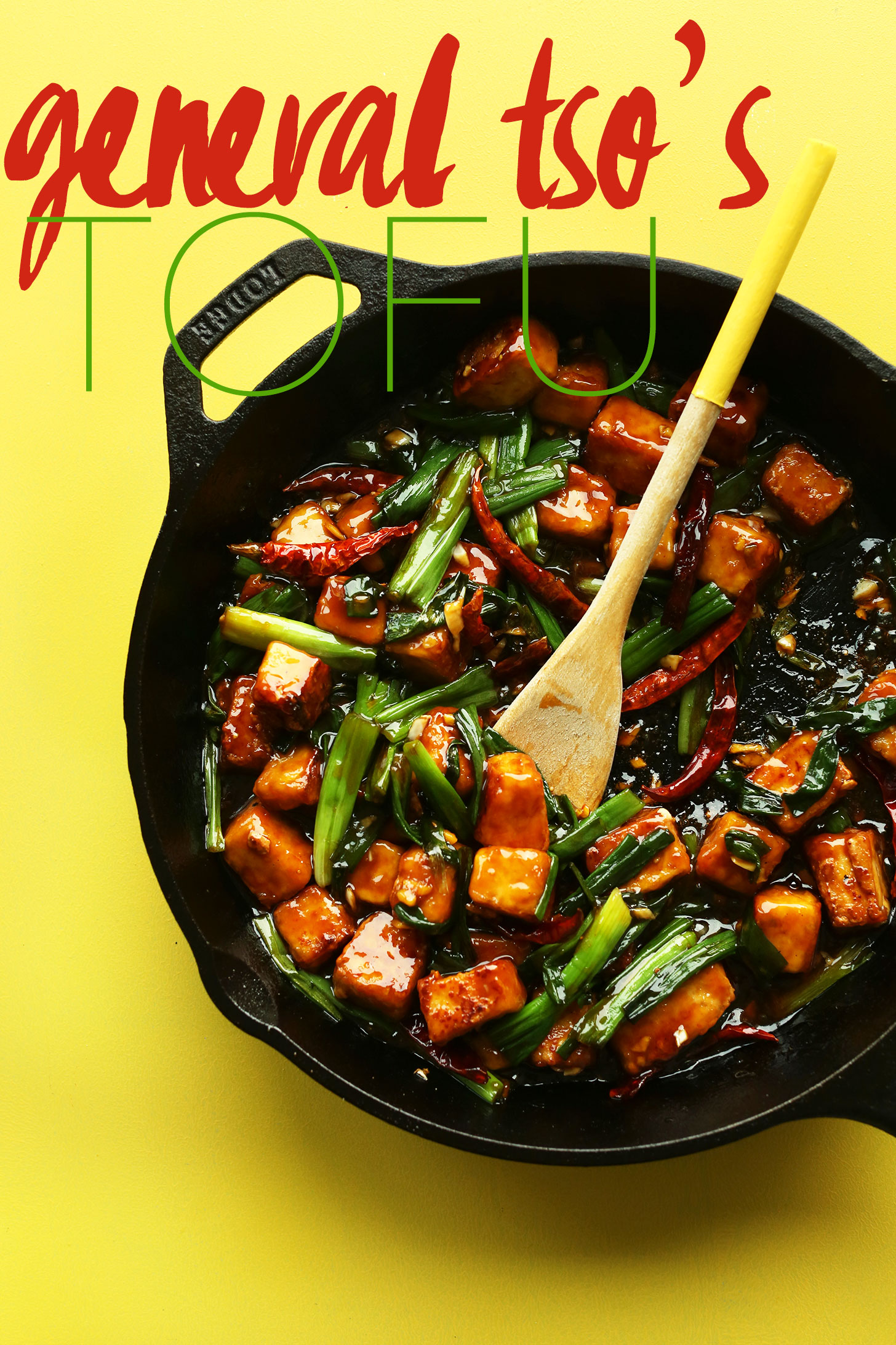 Cast-iron skillet filled with our 30-minute gluten-free vegan General Tso's Tofu recipe