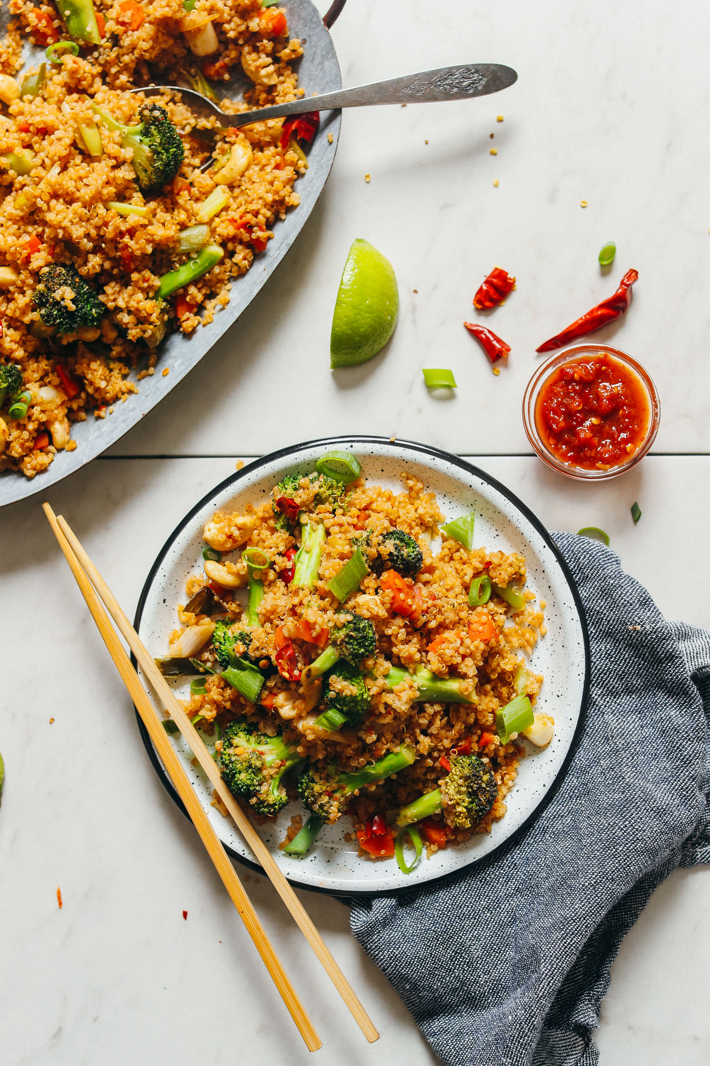 Close up serving plate of vegan quinoa fried rice