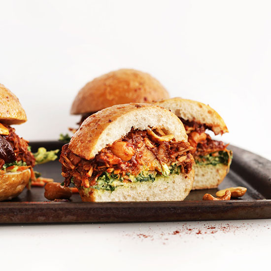 Baking sheet with Vegan BBQ Jackfruit sandwiches