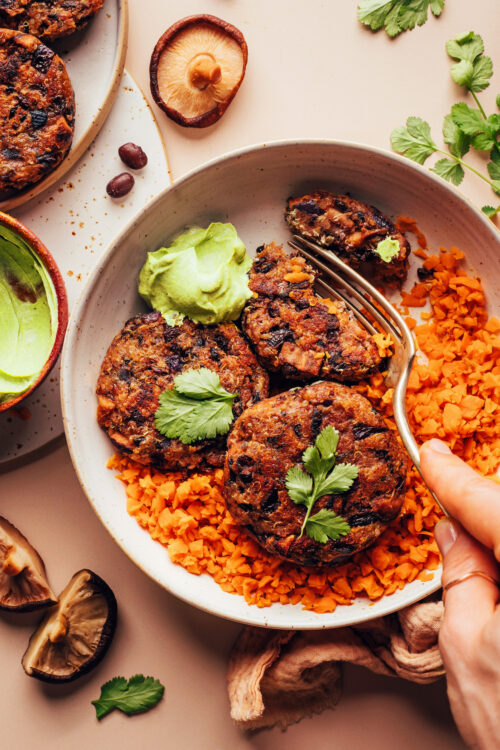 Spicy mushroom black bean fritters over sweet potato rice