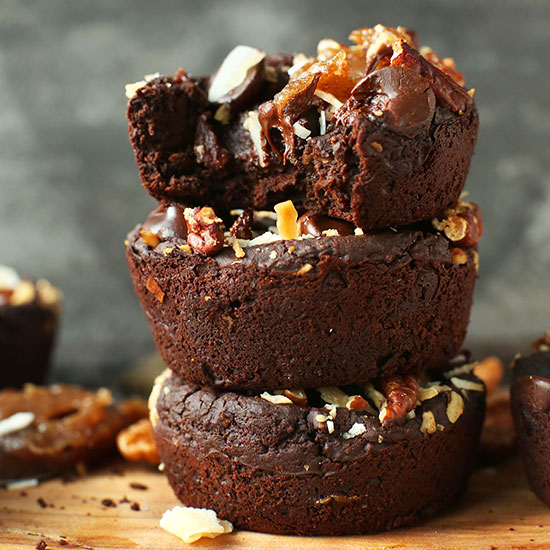 Stack of Fudgy Vegan Turtle Brownies made with black beans