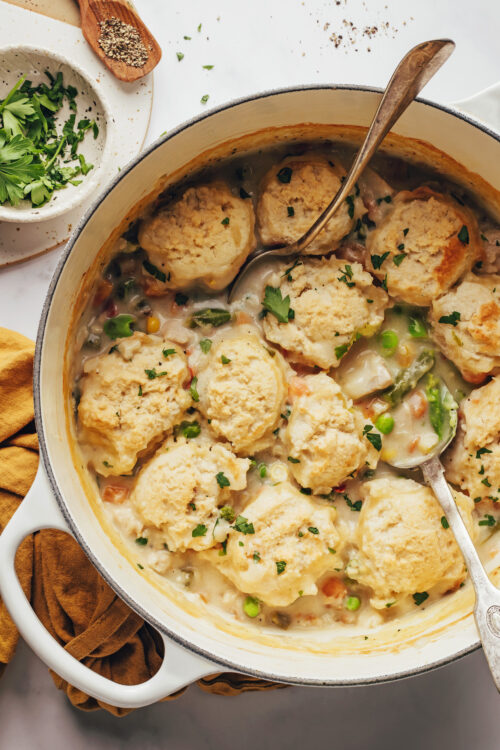 Dutch oven filled with gluten-free chicken pot pie soup