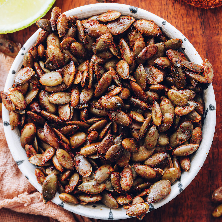 Overhead shot of a bowl of oven roasted pepitas