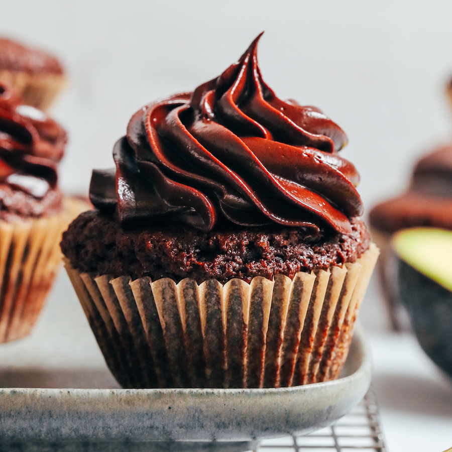 Chocolate cupcake topped with vegan chocolate avocado frosting