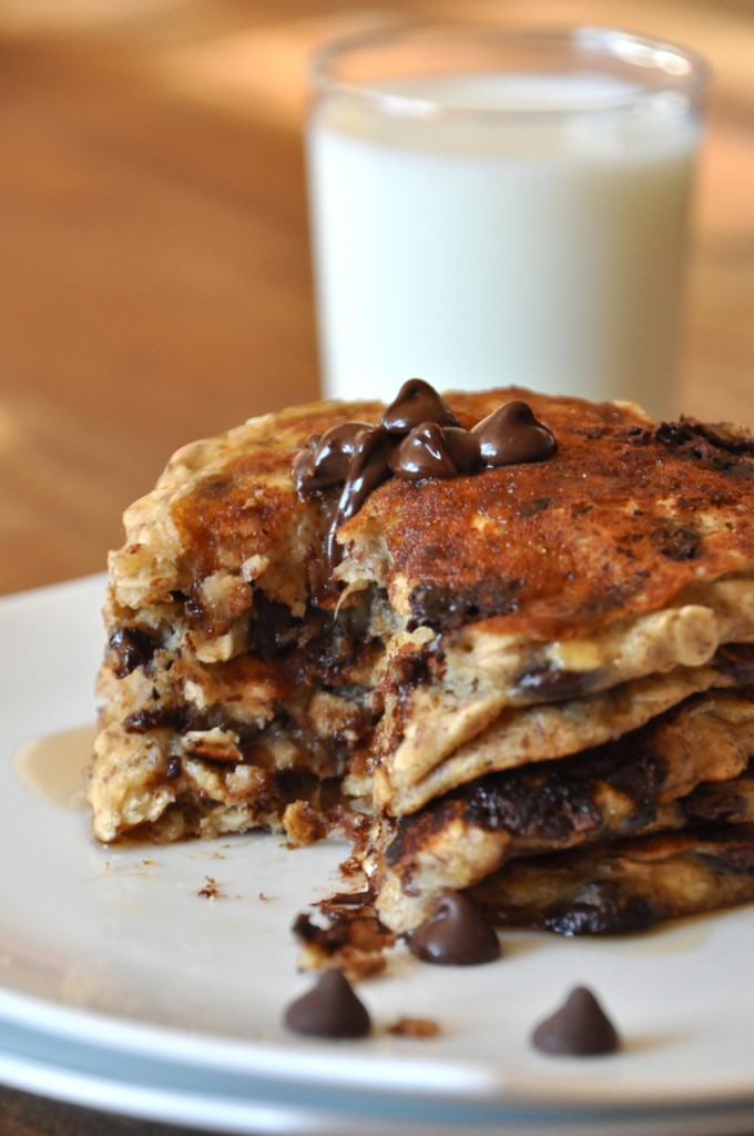 Plate of Chocolate Chip Oatmeal Cookie Pancakes with almond milk