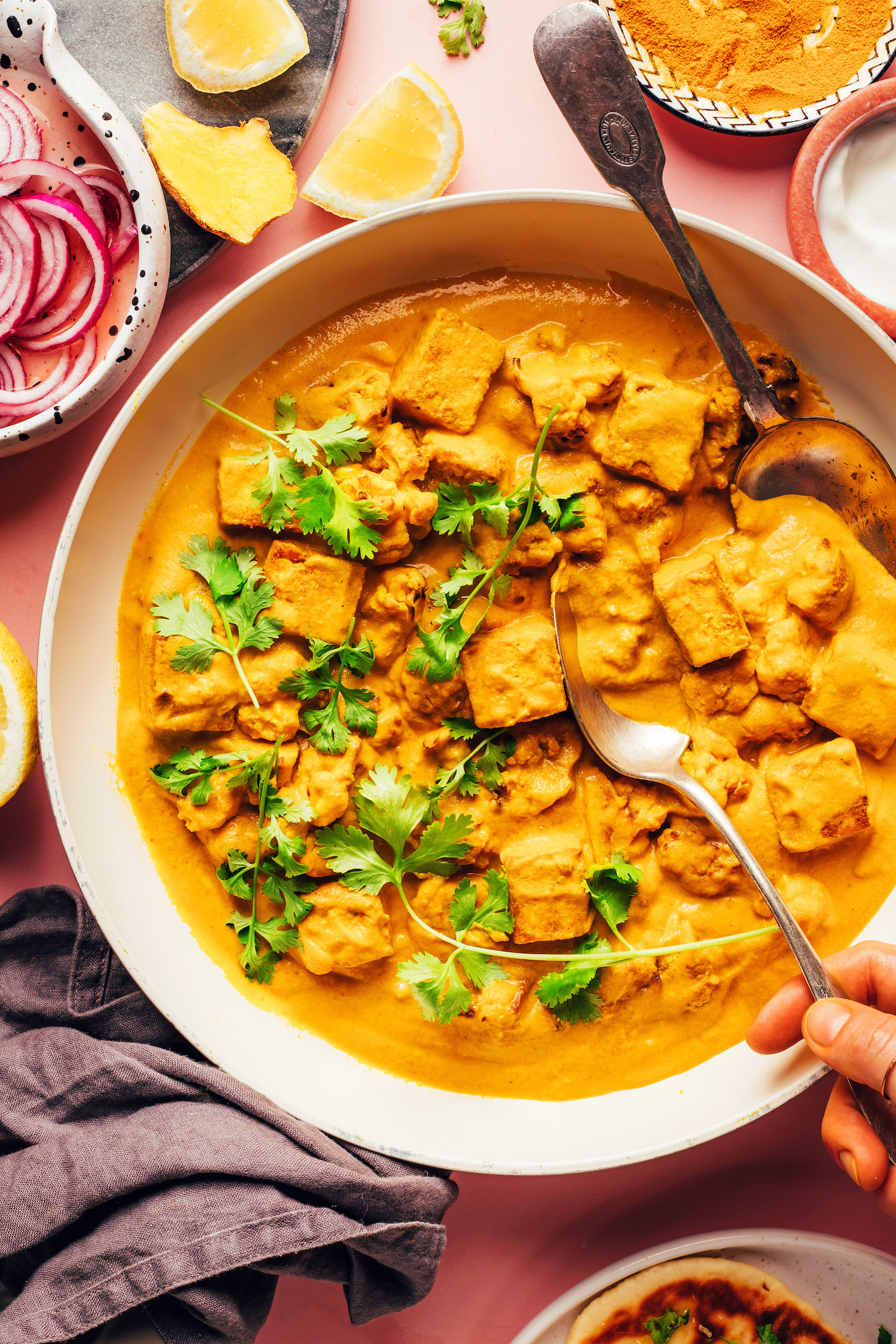 Fresh cilantro sprigs in a pan of vegan korma-inspired curry