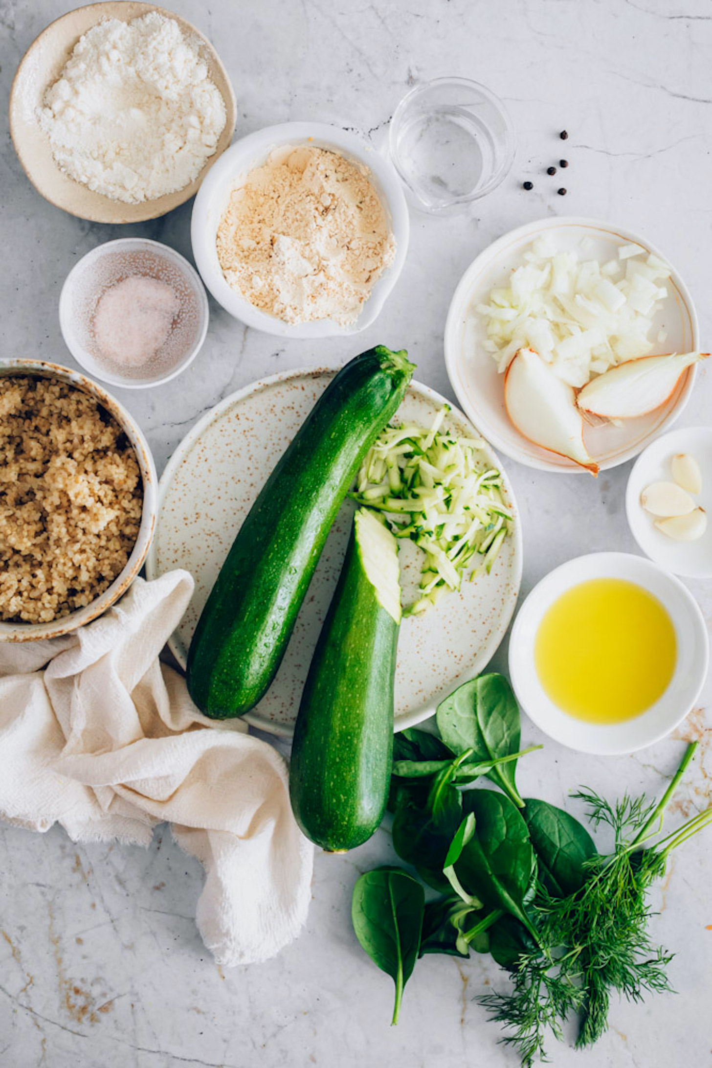 Zucchini, onion, garlic, chickpea flour, quinoa, avocado oil, and sea salt