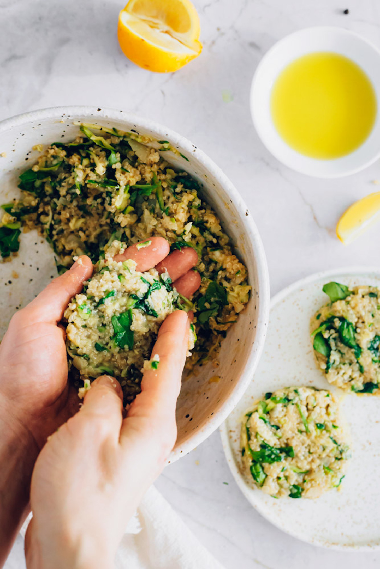 Forming Quinoa Zucchini Fritters into patties