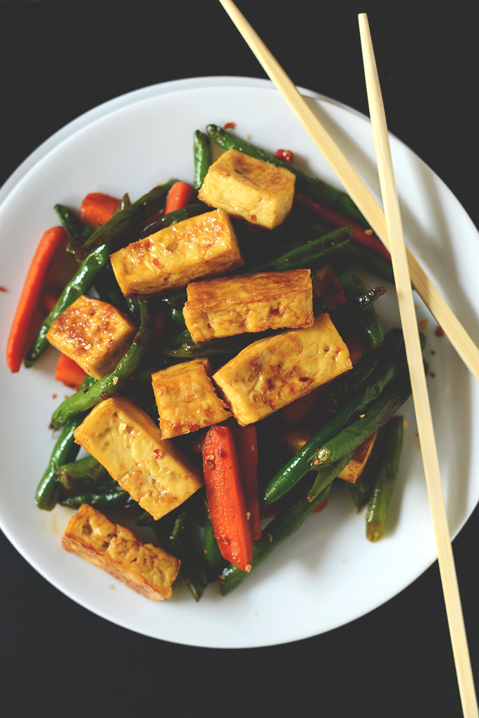 Plate of Tofu Stir Fry for a simple vegan dinner