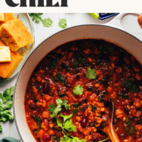 Overhead shot of a pot of our easy pumpkin turkey chili recipe