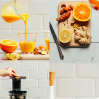 Photos of the process of making lemon ginger turmeric wellness shots