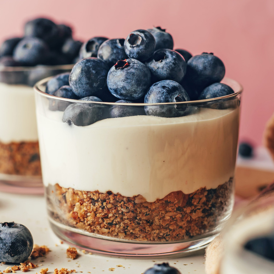 No-bake cheesecake cups topped with fresh blueberries