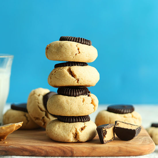 Cutting board filled with Peanut Butter Cup Cookies