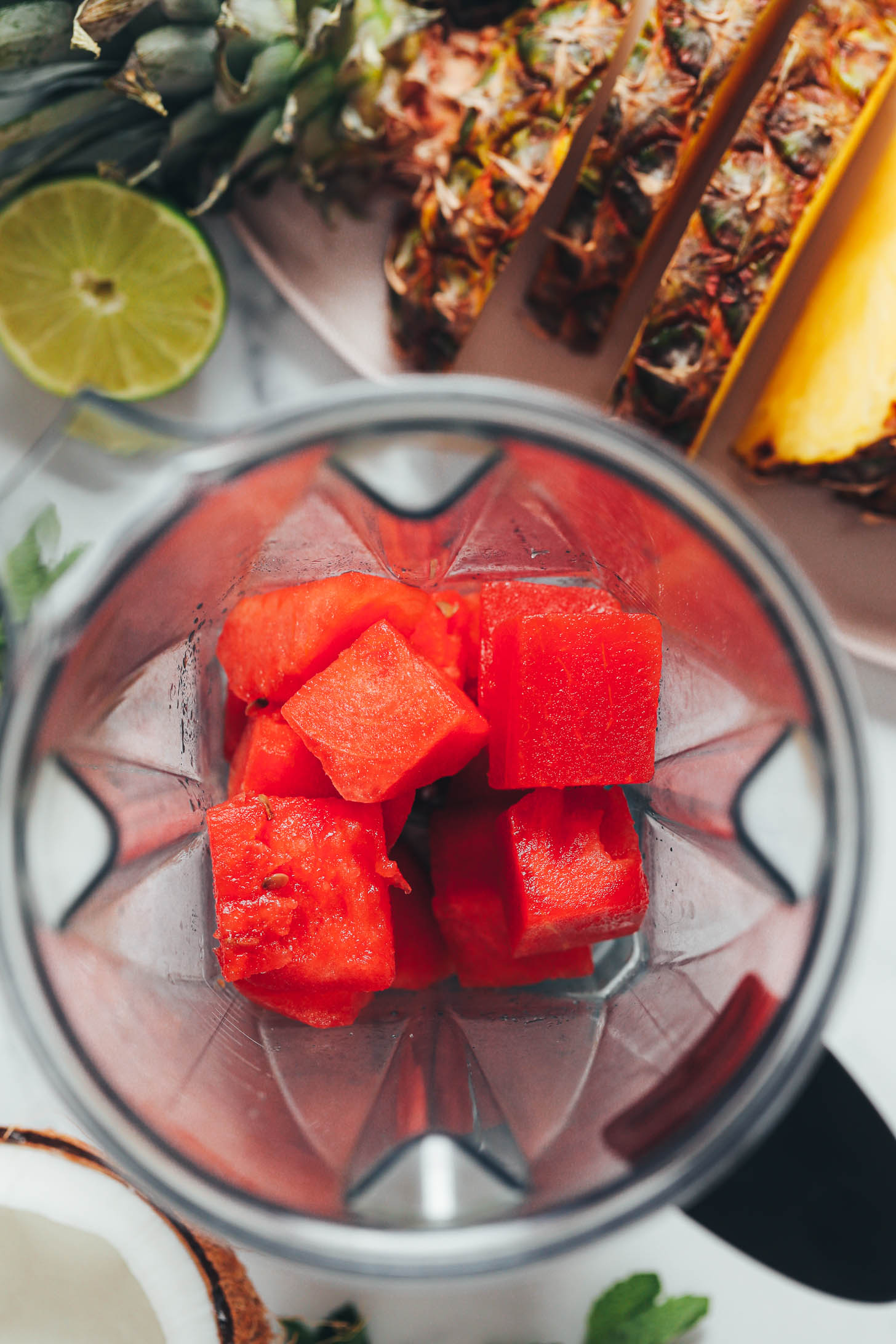 Cubed fresh watermelon in a blender