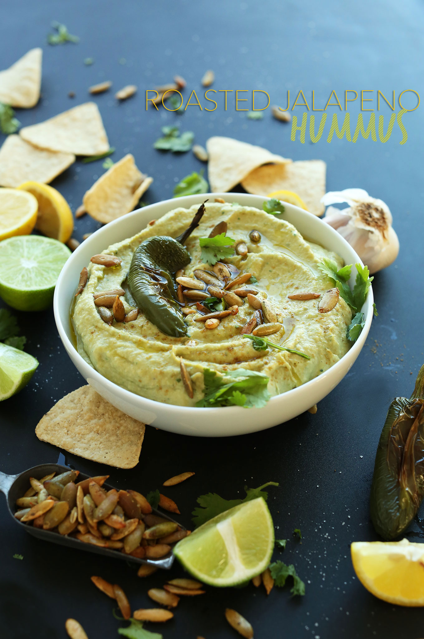 Big bowl of our quick and easy Roasted Jalapeno Hummus recipe