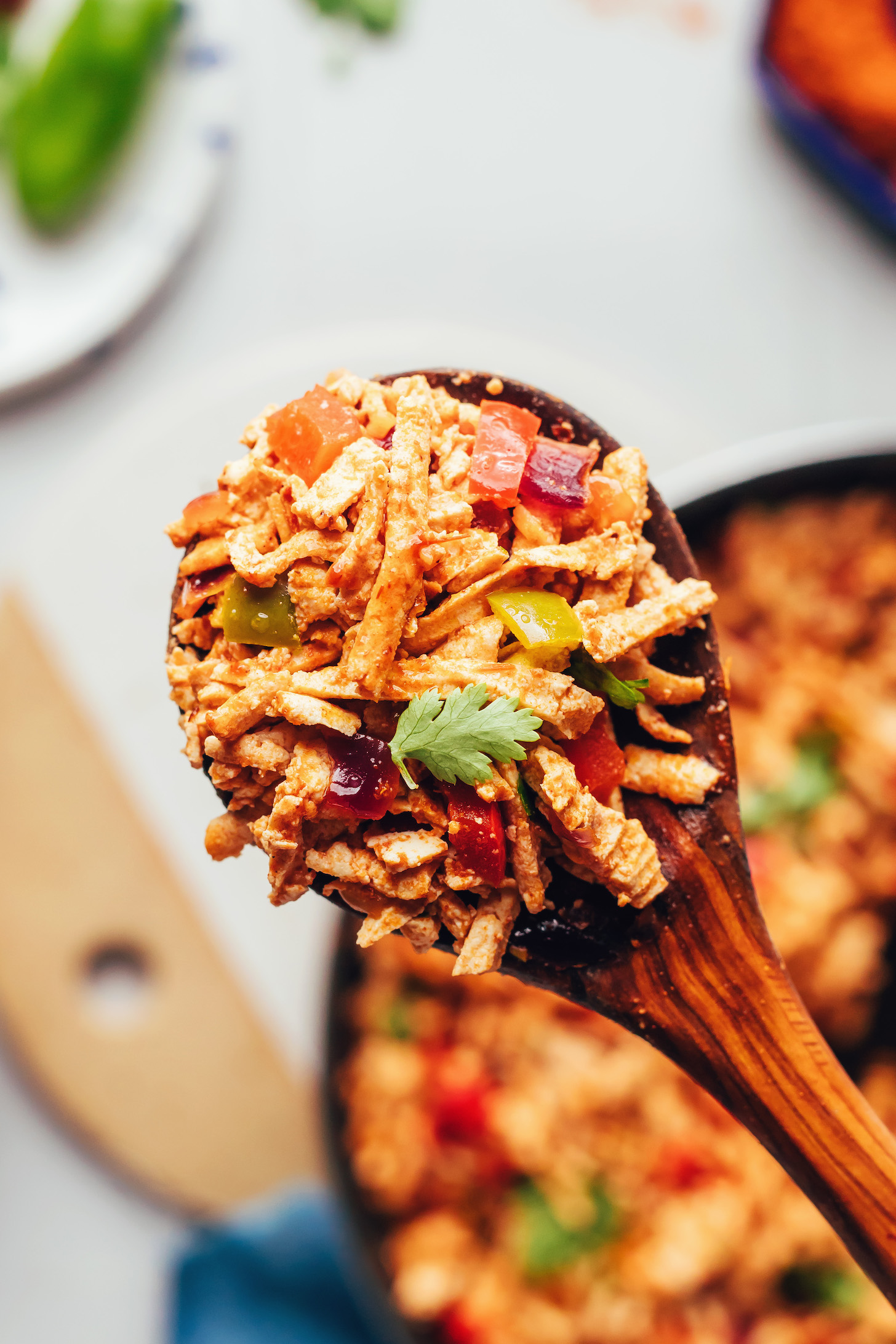 Close up shot of a spoonful of our smoky shredded tofu taco meat