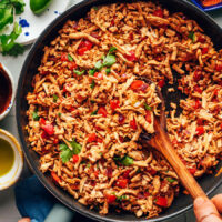 Close up shot of a skillet of vegan tofu taco meat