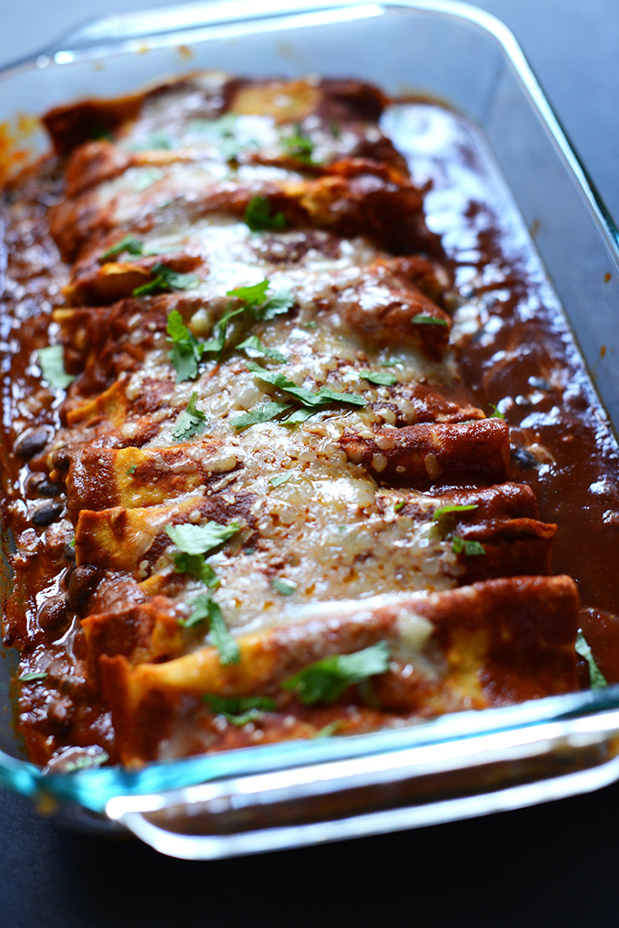 Pan of Spicy Black Bean Enchiladas for a simple vegetarian dinner