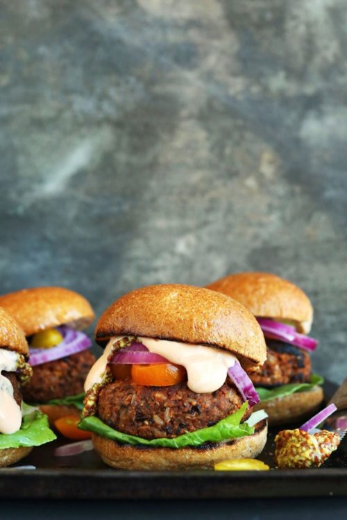 Collection of grilled Veggie Burgers for a healthy vegan summertime recipe