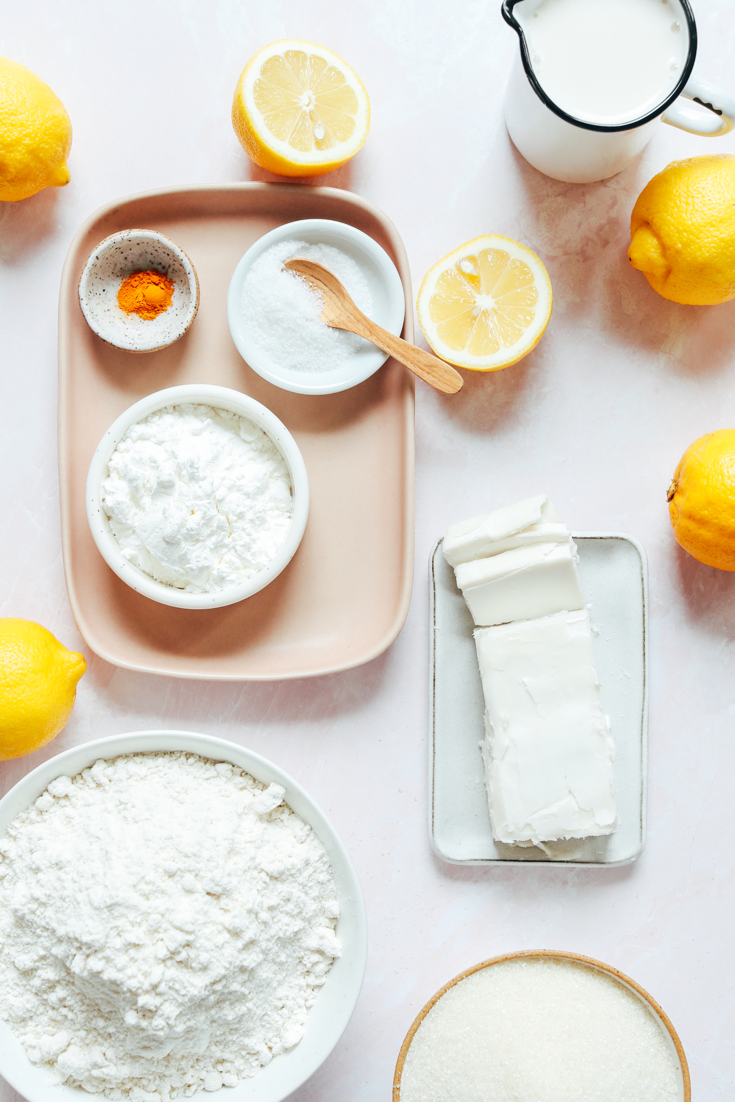 Cashew milk, lemons, salt, turmeric, cornstarch, gluten-free flour blend, sugar, and vegan butter