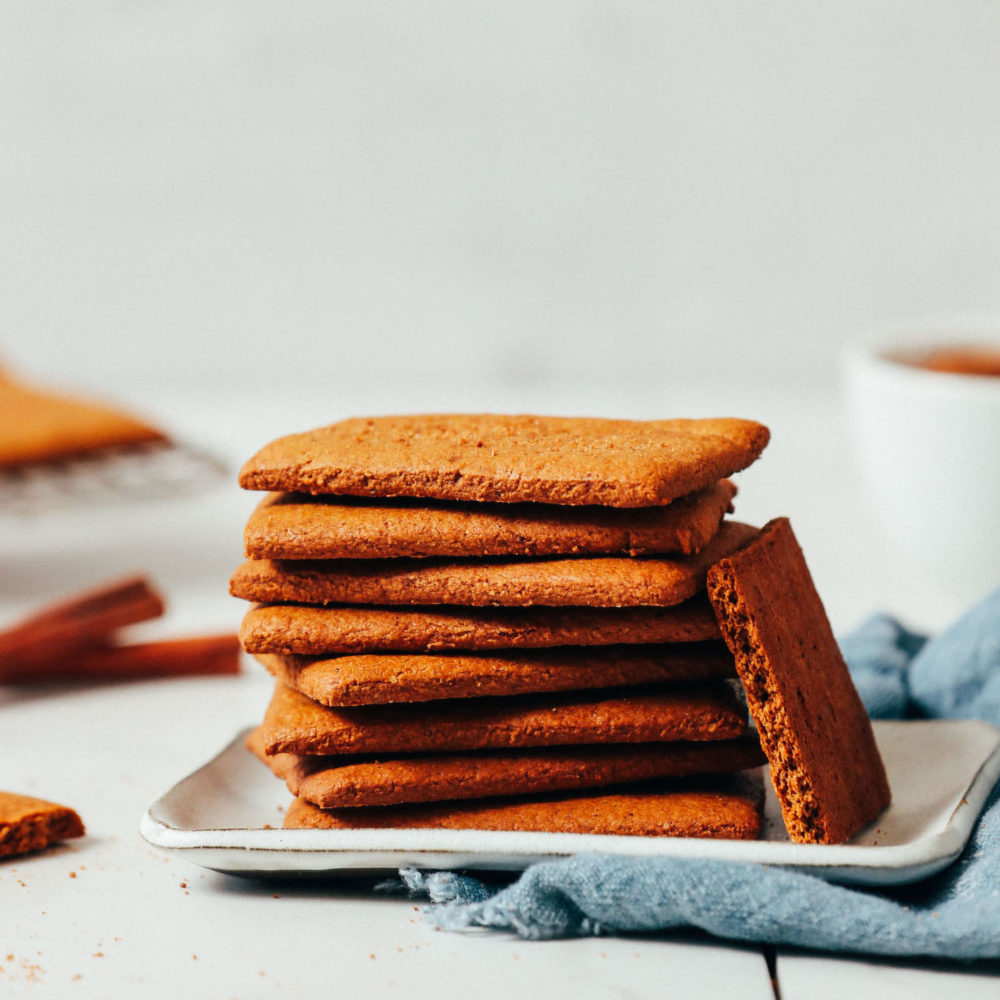 Plate with a stack of homemade gluten free graham crackers