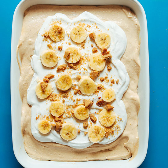 Ceramic baking dish filled with a batch of our Vegan Banana PB Pudding recipe