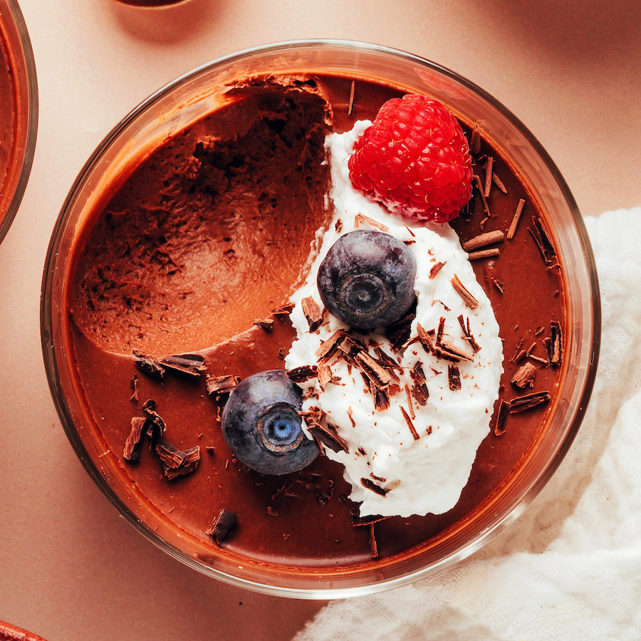 Overhead shot of a glass of chocolate pot de creme