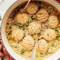 Dutch oven filled with our vegan white bean pot pie soup recipe