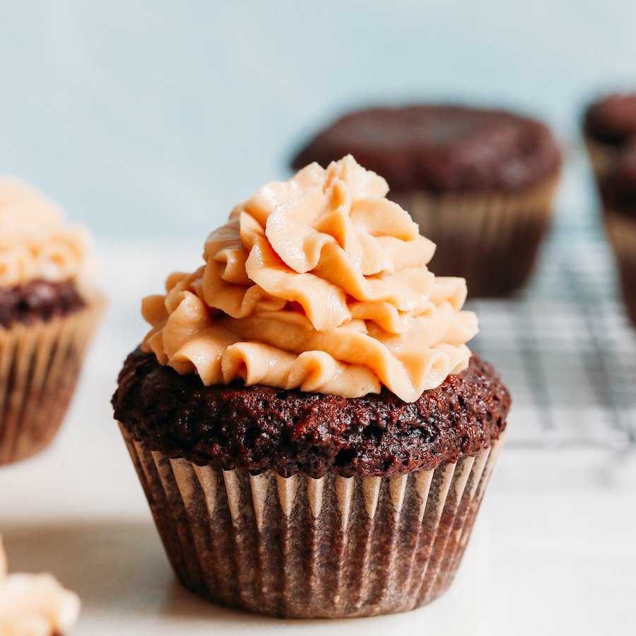 Peanut butter frosting on a chocolate cupcake